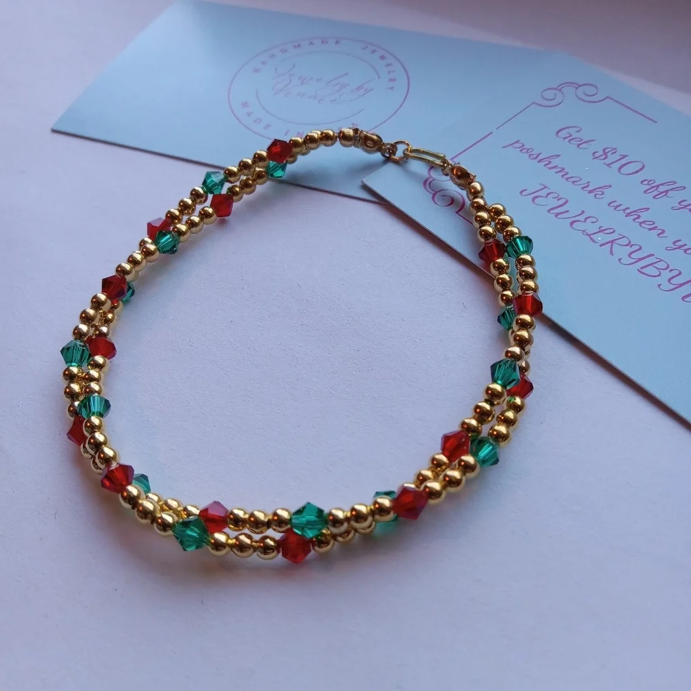 Hand Crafted Gold and Red Beaded Bracelet - Picture 3 of 7